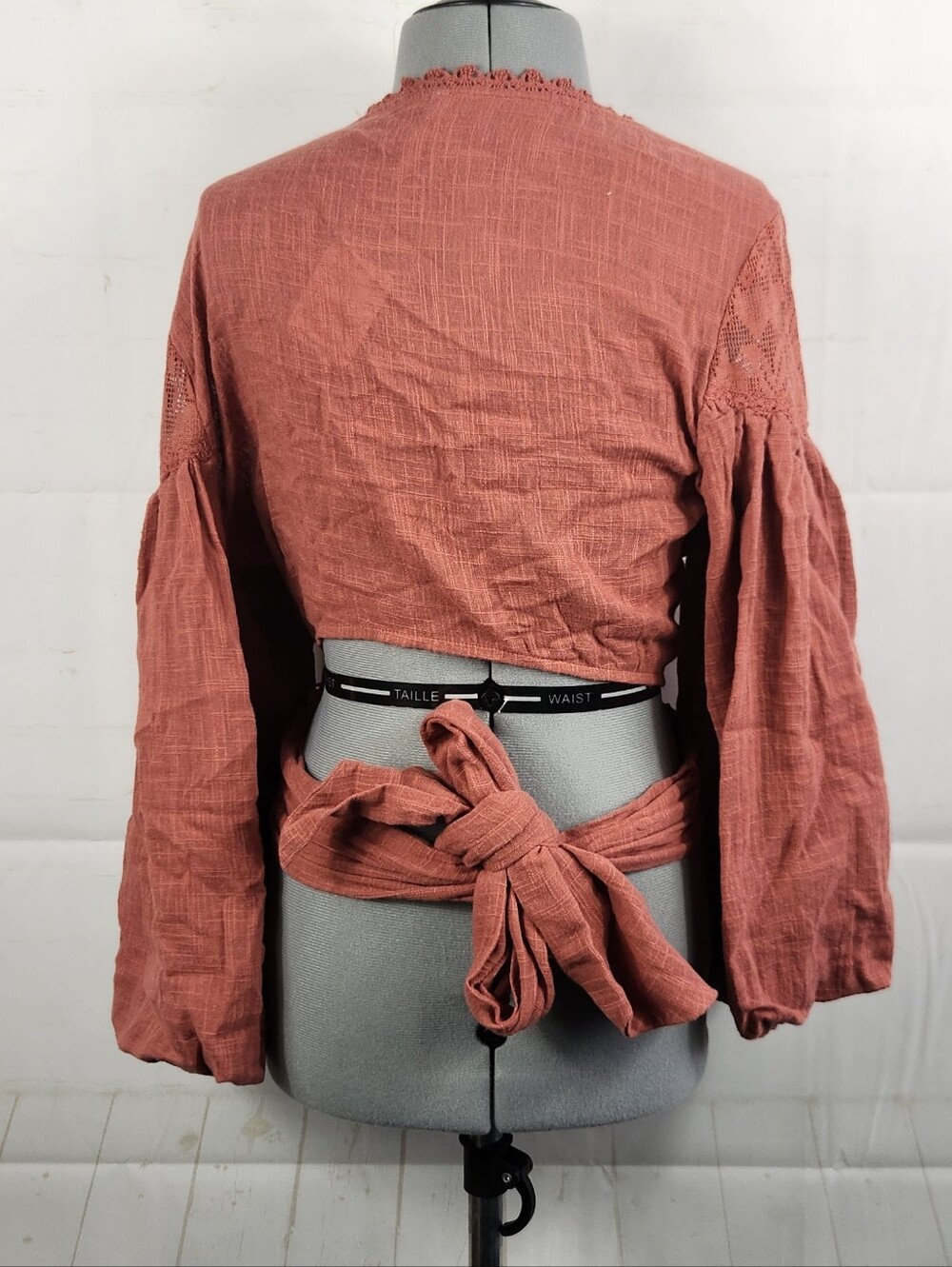 Free People Dolly Wrap Top Terra Cotta Lace Boho Balloon Sleeve Crop Blouse L - Picture 4 of 16